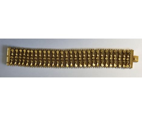 18CT YELLOW GOLD MESH BROAD BANGLE BRACELET WITH SAFETY CLASP STAMPED 750 49G APPROX