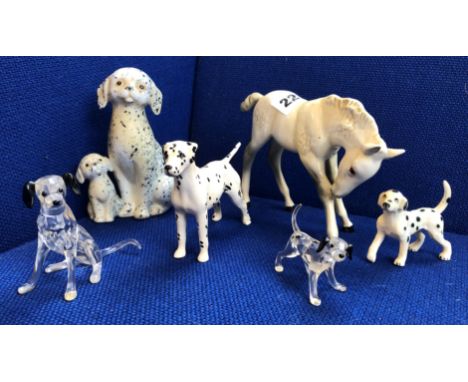 BESWICK GLOSS FOAL, BESWICK DALMATIAN, UNMARKED DALMATIAN PUP, TWO CRYSTAL DALMATIAN FIGURES, CRYSTAL OWL AND A JADE CARVED O