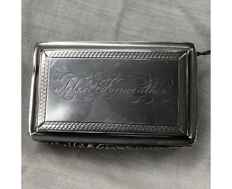 SILVER OBLONG SNUFF BOX WITH ENGINE TURNED DECORATION, HINGED LID ENGRAVED ALEX FAIRWEATHER, BIRMINGHAM NATHANIEL MILLS, 2.6O