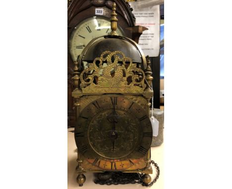ENGRAVED BRASS LANTERN CLOCK WITH WEIGHT AND PENDULUM, DIAL SIGNED TOM GILKS, SIBFORD GOWER, OXFORDSHIRE A/F