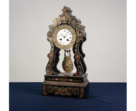 19th CENTURY FRENCH PORTICO MANTEL CLOCK, the movement and white enamel dial signed Laine a Paris, striking on a bell with ca