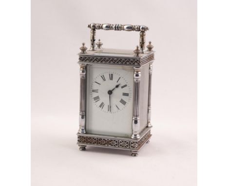 20TH CENTURY ENGLISH CARRIAGE CLOCK IN CHROMIUM PLATED CASE WITH TURNED AND FLUTED CORNER PILLARS, ORNAMENTAL BORDERS, THE WH