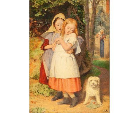 EDWARD THOMPSON DAVIS (1833 - 1867) OIL PAINTING ON BOARD Two young girls alarmed by a dog at their side, its paw resting on 