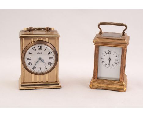 TINY 20th CENTURY FRENCH GORGE CASED BRASS CARRIAGE CLOCK, the white enamel dial with roman hour numerals, 3 1/2" (9cm) high 