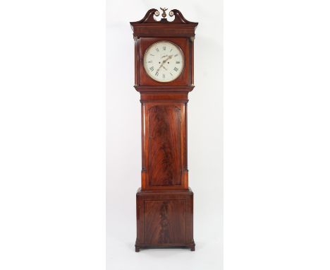 SHAKESHAFT, PRESTON, NINETEENTH CENTURY LINE INLAID AND FIGURED MAHOGANY LONGCASE CLOCK, the 15? gilt lined circular, enamell