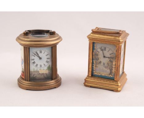 TINY 20th CENTURY FRENCH OVAL BRASS CASED CARRIAGE CLOCK, the enamelled dial with roman chapter ring flanked by the enamelled