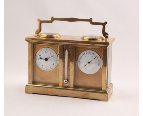 UNUSUAL EARLY 1900s FRENCH BRASS CASED COMBINATION CARRIAGE CLOCK WITH BAROMETER, THERMOMETER AND COMPASS, the rectangular to