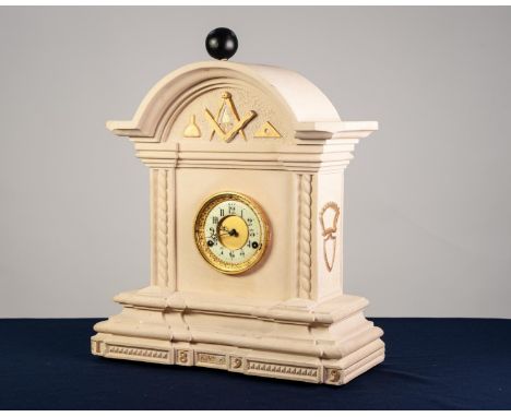 LATE VICTORIAN HEAVY SANDSTONE ARCHITECTURAL CASED 'MASONIC' MANTEL CLOCK, carved with emblems and dated 1899, the movement b