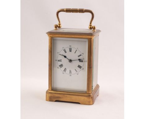 EARLY 20th CENTURY FRENCH CORNICHE CASED  BRASS CARRIAGE CLOCK, the white enamel dial with roman hour numerals and arabic min