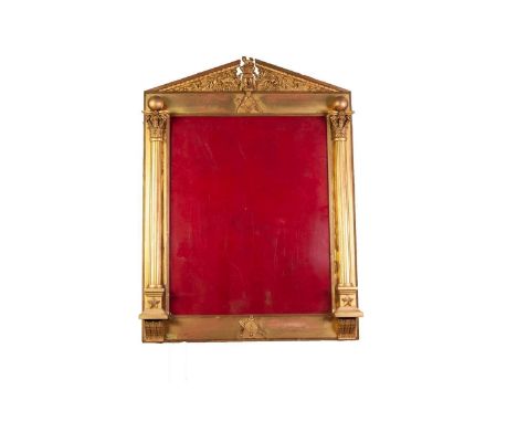 19th CENTURY GILT GESSO WALL MIRROR OR FRAME APPLIED WITH MASONIC EMBLEMS, including compass and set square and having archit
