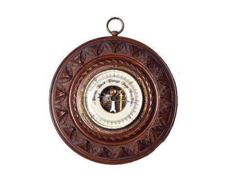 EDWARDIAN INLAID MAHOGANY BANJO ANEROID BAROMETER WITH THERMOMETER, by Thomas Armstrong &amp; Brother, Manchester &amp; Liver