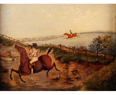 UNATTRIBUTED, (NINETEENTH CENTURY, ENGLISH SCHOOL) PAIR OF OIL PAINTINGS ON BOARD Equestrian hunting scenes Unsigned 9? x 11?