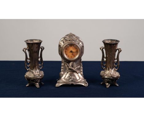 EARLY 20th CENTURY GERMAN ELECTROPLATED PEWTER BEDROOM MANTEL SHELF THREE PIECE CLOCK SET, ornamented with Art Nouveaau taste