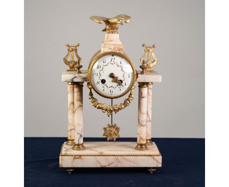 LATE 19th/EARLY 20th CENTURY FRENCH VEINED MARBLE AND GILT METAL MOUNTD PORTICO CLOCK, the drum movement striking on a bell, 