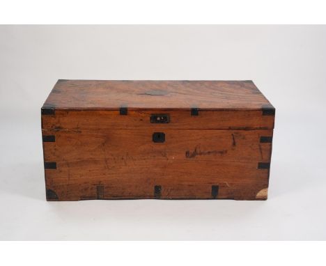 EARLY 1900?s CHINESE BRASS MOUNTED CAMPHOR WOOD TRUNK, of typical form with end handles, oval cartouche, vacant, and military