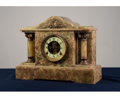LATE 19th CENTURY GREEN ONYX AND METAL MOUNTED ARCHITECTURAL MANTEL CLOCK, the Ansonia (USA) movement striking on a coiled go