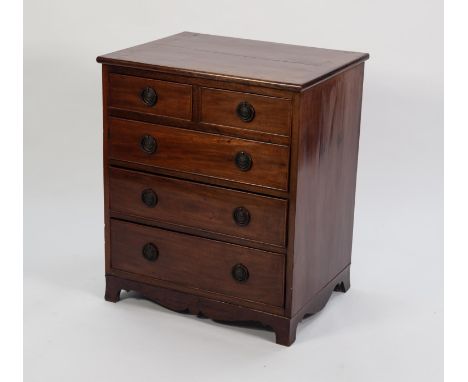 GEORGIAN AND LATER COMPOSITE LINE INLAID MAHOGANY SMALL CHEST OF DRAWERS, the crossbanded oblong top above two short and thre