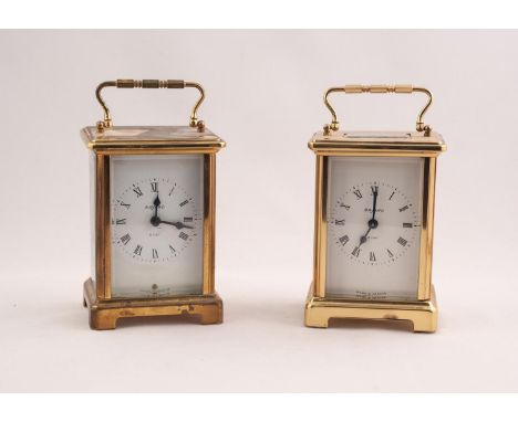 SMALL, LATE 20th CENTURY FRENCH CORNICHE CASED BRASS CARRIAGE CLOCK, the white enamel dial marked 'Bayard - Made in France' w