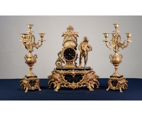 LATE 19th CENTURY FRENCH POLISHED BLACK SLATE AND GILT SPELTER CLOCK GARNITURE, the movement stamped VE, striking on a bell, 