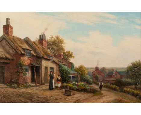 F R OFFER EARLY 20th CENTURYOIL PAINTING ON BOARD'Old Cottages Rostherne', figures by a cottage gardenSigned, titled to gilt 