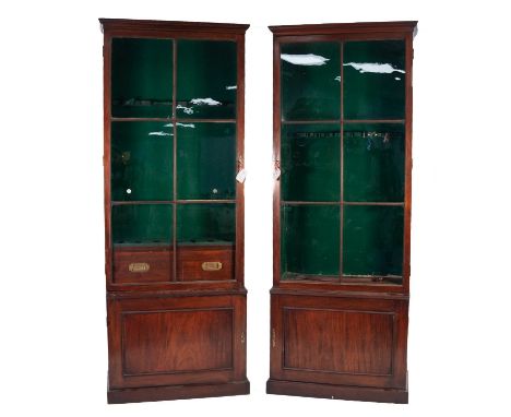 PAIR OF GEORGE III MAHOGANY SHOTGUN AND FISHING ROD CABINETS, each with moulded cornice above a six panel glazed cupboard doo