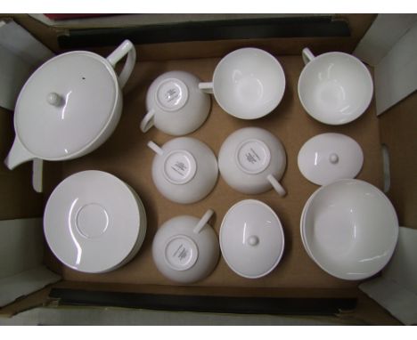 Wedgwood Jasper Conran Tea ware items to include, Tea Pot, 6 cups, 6 saucers, lidded sugar bowl + spare lid, and 2 cereal bow