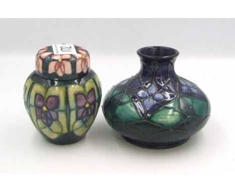 Moorcroft Violets pattern ginger jar (lid re-glued) height 10.5cm together with a squat vase in a Lattice pattern height 11cm