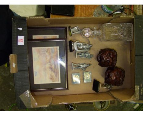 A mixed collection of items to include  Polished Pewter figures, 2 carved Oak Lion masks, 2 Railway themed enamel badges, cry