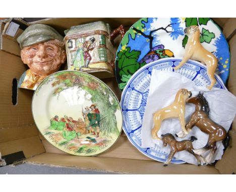 A mixed collection of items to include Royal Doulton Character jug, similar embossed water jug, series ware plate, Beswick &a