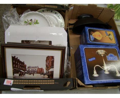 A mixed collection of items to include boxed silver plate items, Royal; Doulton Dinner Plates, Floral flan dish &amp; framed 