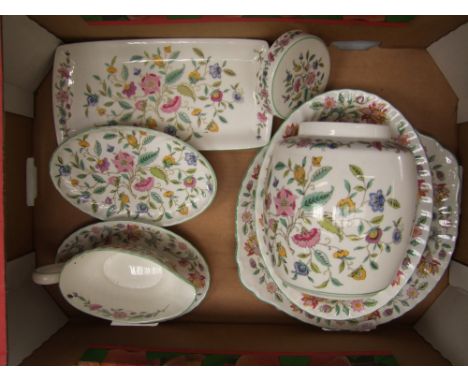 Minton Haddon Hall patterned items to include a large cake plate, large ginger jar and cover, gravy boat and saucer, trays et