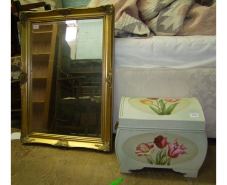 Large gilt framed bevel edged mirror.  89cm x 63cm together with a vintage style trunk (2) 