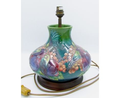 Moorcroft Finch and Berry pattern lamp height to top of fitting 29.5cm. 