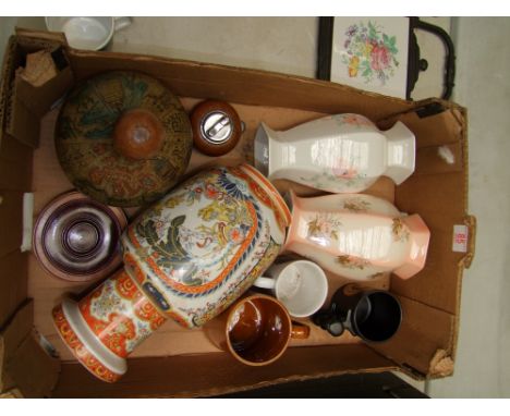 A mixed collection of ceramic items to include Oriental Vase with hardwood base, leather covered continental decanter &amp; L