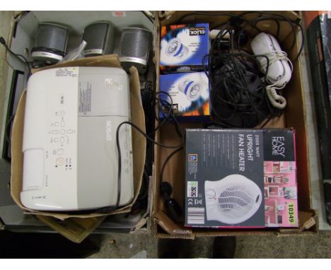 A mixed collection of electrical items to include Epsom projector, boxed fan heater, speakers, lighting etc ( 2 trays) 