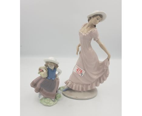 Lladro figure of a girl with a flower basket, together with a Nao figure of a young lady (2).