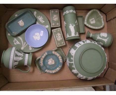 A collection of Wedgwood mostly green jasper ware items to include fruit bowl, jug, plate, vases etc (1 tray). 