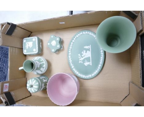 A collection of Sage Green Wedgwood items including lidded boxes, vase, planter together with similar white on pink planter 