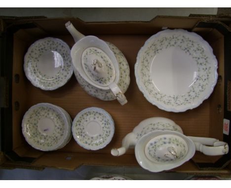 A collection of Royal Albert Caroline pattern items to include tea pot, coffee pot, fruit bowl, side plates, tea and coffee s