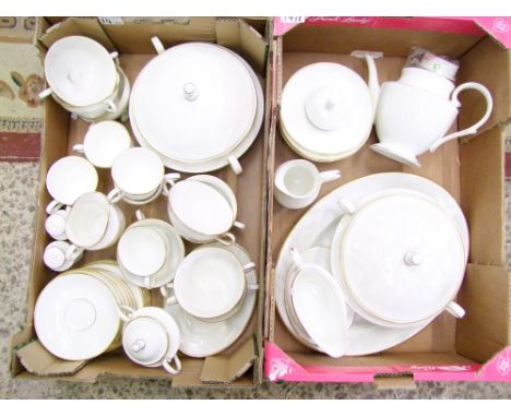 Royal Grafton Cambridge Gold Tea and Dinner ware including lidded tureens, tea cups and saucers, soup cup and saucers, salt a