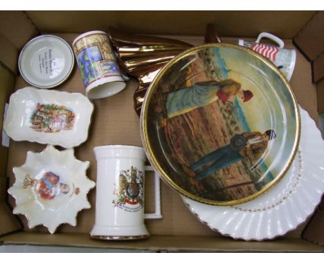 A mixed collection of ceramic items to include 6 Royal Doulton Adrian dinner plates, Beswick copper lustre vase, 2 wall plate