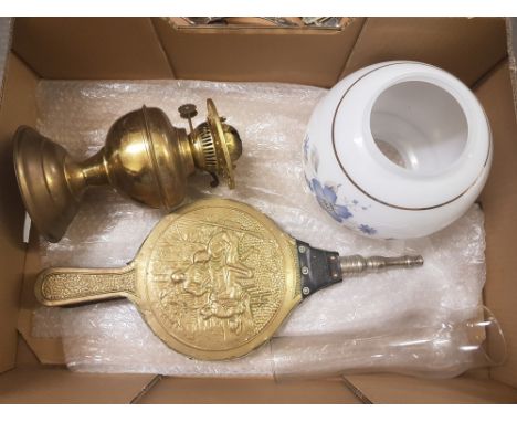 Brass oil lamp: with glass chimney and floral glass shade, plus a set of brass bellows. 