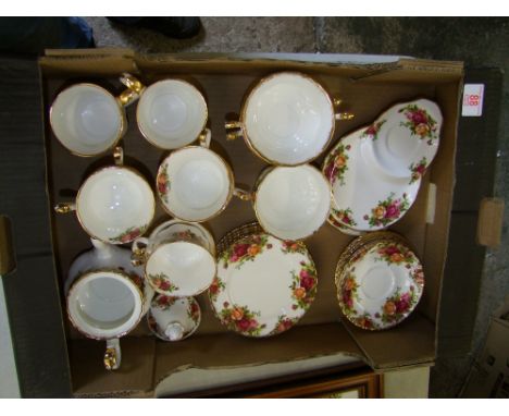 Royal Albert Old Country Rose patterned Tea and Dinner ware to include, Small Tea pot, 6 Trios, 2 Coffee mugs, 2 soup bowls &
