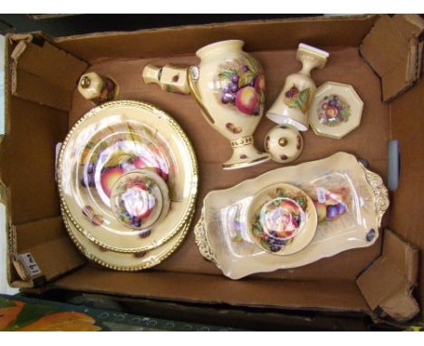 Aynsley Orchard Gold Ceramic items to include 2 Cabinet plates, A temple Jar, Twin Handled tray, Pin dishes etc (1 tray) 