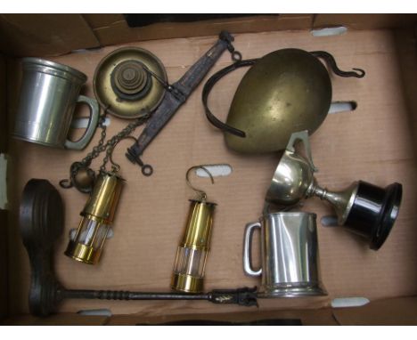 Early 20th Century Avery branded tobacconist scales and weights, two miniature brass miner lamps, silver plated trophy etc ( 