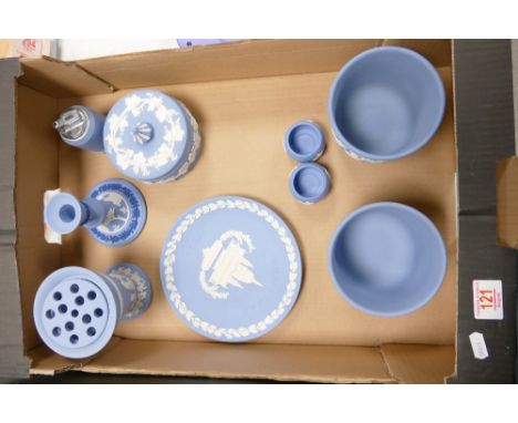 A collection of Wedgwood Blue Jasperware including Tri colour candlestick, planters, lidded box, vases etc 