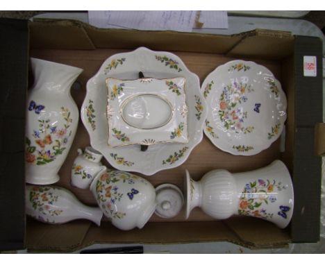 A mixed collection of Aynsley ceramic items in the cottage garden pattern to include vases, lidded jar, photo frame etc (1 tr