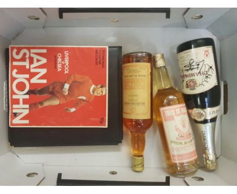 A group of Liverpool FC collectable items to include Champagne bottle from 1986 FA Cup Final (signed by both team Captains), 