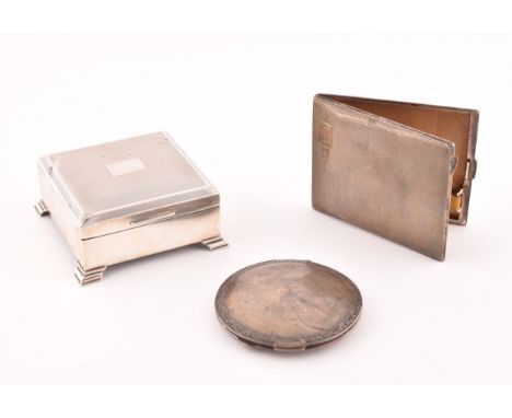 A group of three silver items, comprising a silver engine turned box, hallmarked Birmingham 1965; an engine turned cigarette 