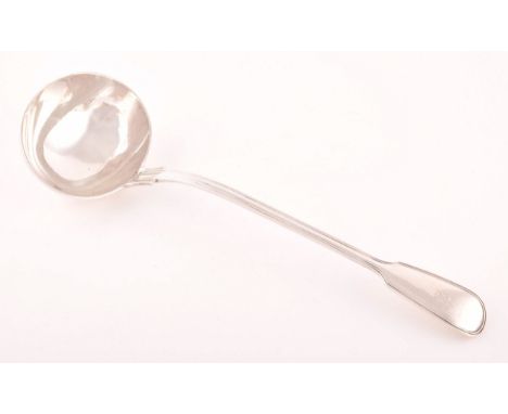 A Victorian silver soup ladle, hallmarked London 1873 by George Adams, fiddle and thread pattern, with engraved initials. 9 o